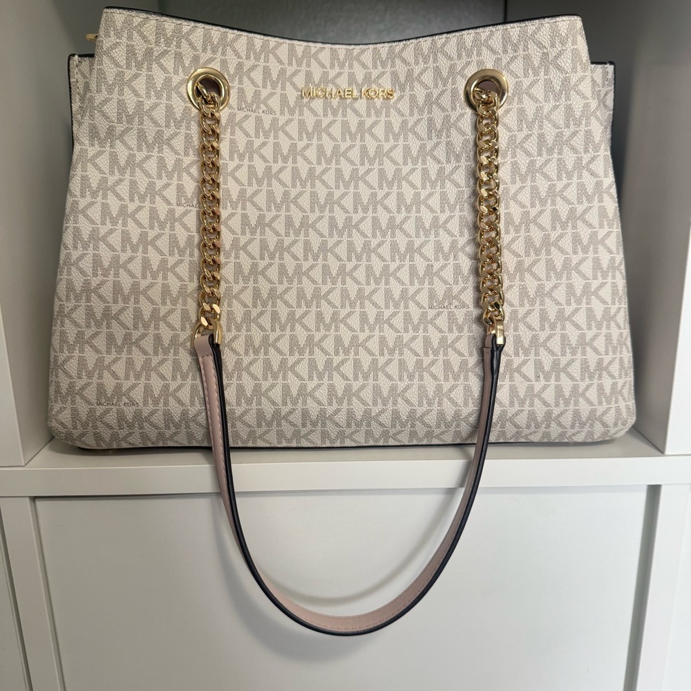 Michael Kors Teagan Large Logo Cream and Powder Blush Long Drop Satchel - Picture 2 of 16